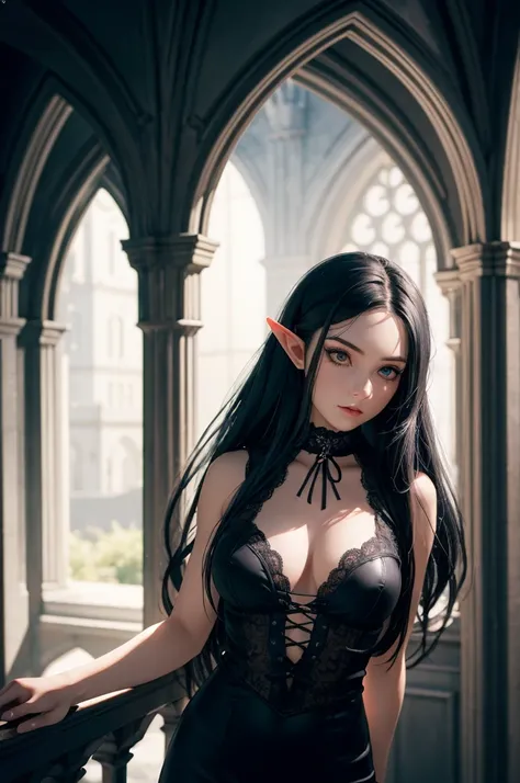 RAW, professional photograph, medium shot, photorealistic, hyper-realistic, ray tracing, super detail, UHD, 8k, female elf, twenty years old, athletic body, soft facial features, long hair, straight hair, white hair, gray eyes, gothic style, gothic clothin...