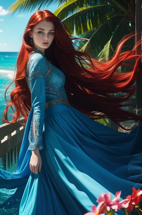 16 year old Sophie Turner, ultra detailed face, ultra detailed blue eyes, long red hair, (dress, long skirt), tropical water, (((masterpiece)))