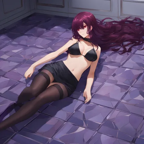 by yohan, ultra detailed anime artwork, perfect,score_9, score_8_up, score_8, score_7, Expressiveh,A woman in a bikini is laying provocatively on a tiled floor. She is also wearing stockings, adding a sensual touch to her outfit. resting on the floor, givi...