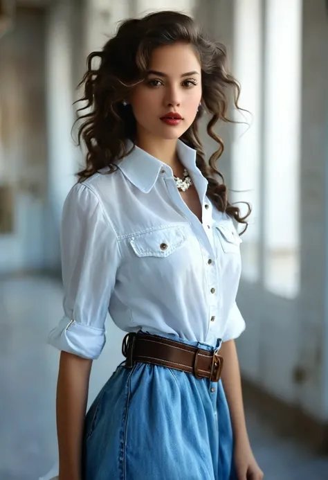 1 girl, Beautifull, by rubio, brown eyes, blurred, blurred background, old, Brown eyes, Brown hair, Curly hair, denim, dress, parts, on one side, jewelry, lips, wide, looking at the viewer, collar, open clothing, realist, shirt, Alone, Upper part of the bo...