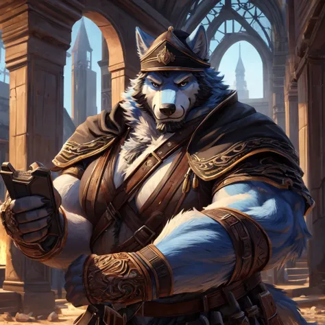 ((best quality)), ((masterpiece)), (Ultra detailed), ((4k)) , Solo , Anthro Wolf , Light Blue Fur , Black Short Hair , Short Beard , Handsone , Middle Ages , Big Pecs chest , Fat body, Bodyguard , Black Front Cap , Cool Pose , Playing Game 