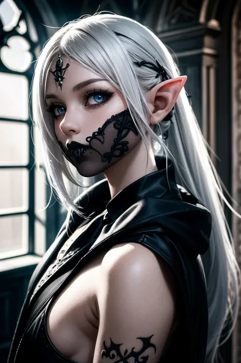 RAW, professional photograph, medium shot, photorealistic, hyper-realistic, ray tracing, super detail, UHD, 8k, female elf, twenty years old, athletic body, soft facial features, long hair, straight hair, white hair, gray eyes, gothic style, gothic clothin...