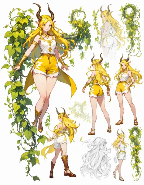 sketch (Character Design Sheet, Same characters, whole body, Three-species, Front, ~ ~ ~ side, Come back),(Very bright:1.1), White background, [1 girl:7], (tilted his head:1.2), ([sketch|watercolor (Temperate)]:1.15),whole body, Yellow medieval summer girl...