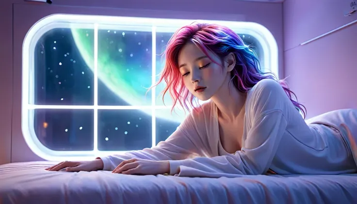 (Highest quality,8K,Super detailed:1.2),(CG,CG Art,3D Rendering),(masterpiece:1.2),（Crawling on the table），（Stylish clothing），(Cinema Lighting,Futuristic),(Woman lying in bed,Sleep,close your eyes),(The big window behind her,quiet night),(Colorful Hair:1.5...