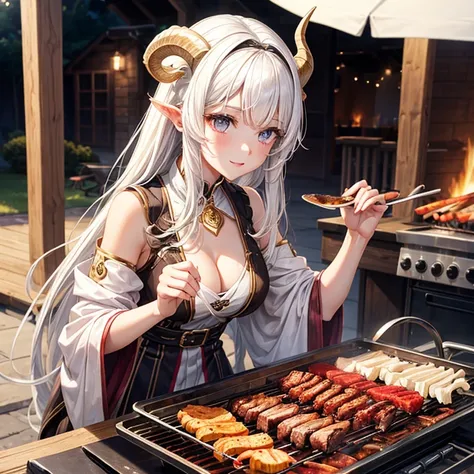 Beautiful young girl, White hair, Capricorn horns, Make a barbecue