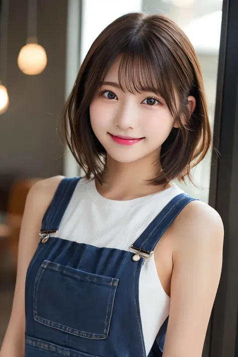 Highest quality、（beautiful）、Super delicate eyes、Brown eyes、22-year-old female、Brown Hair、smile、looking at the camera、Semi-short hair、Gal、naked、Overalls