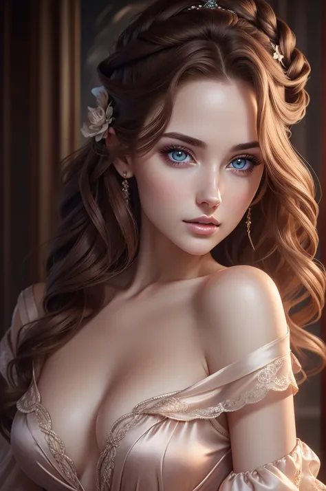 A stunning hyper realistic character portrait of a beautiful australian woman, 28 years old, pale complexion, expressive hyper detailed eyes, full hyper detailed lips, wavy brown hair, square face, incomprehensible beauty, small breasts, deep chest, wearin...