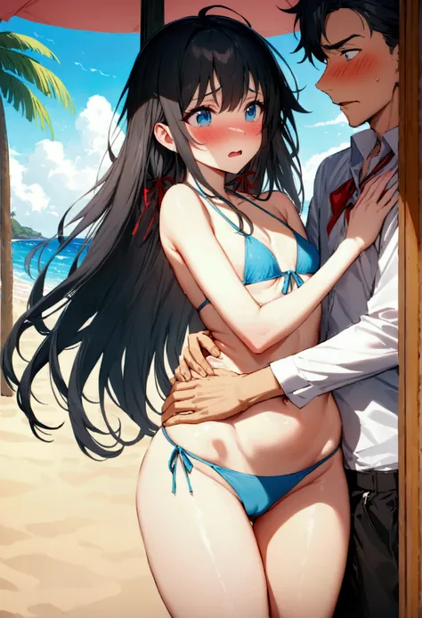 NSFW,masterpiece,Highest quality,High resolution,Super detailed,Yukinoshita Yukino(My Youth Romantic Comedy is Wrong as Expected),Black Hair,Long Hair,Light blue eyes,High quality sexy bikini,Halter neck,Small breasts,Embarrassed,blush,beach,Palm tree,Beac...