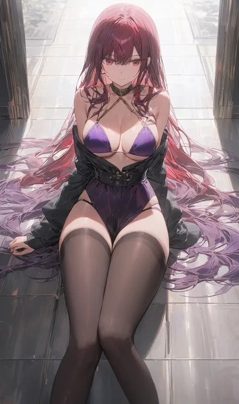 by yohan, ultra detailed anime artwork, perfect,score_9, score_8_up, score_8, score_7, Expressiveh,A woman in a bikini is laying provocatively on a tiled floor. She is also wearing stockings, adding a sensual touch to her outfit. resting on the floor, givi...