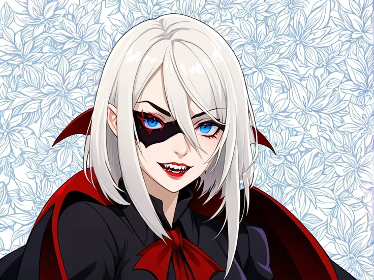 a young woman with white hair and red tips, a vampire, vampire canines, blue eyes, eye patch, short hair, female physique, disco...