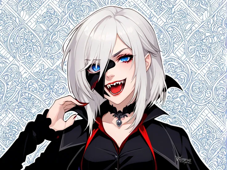 a young woman with white hair and red tips, a vampire, vampire canines, blue eyes, eye patch, short hair, female physique, disco...