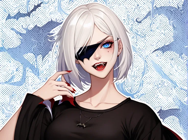 a young woman with white hair and red tips, a vampire, vampire canines, blue eyes, eye patch, short hair, female physique, disco...