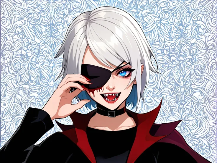 a young woman with white hair and red tips, a vampire, vampire canines, blue eyes, eye patch, short hair, female physique, disco...