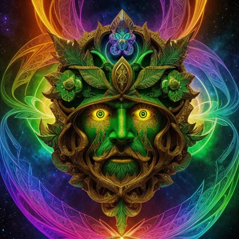 (High resolution, incredibly detailed, masterpiece), symmetrical, centered, single bust portrait of (one Gaelic Greenman), featuring fractal geometry in (vibrant colors:0.8), set against a (galactic background:1.2), bringing together complex, mesmerizing s...