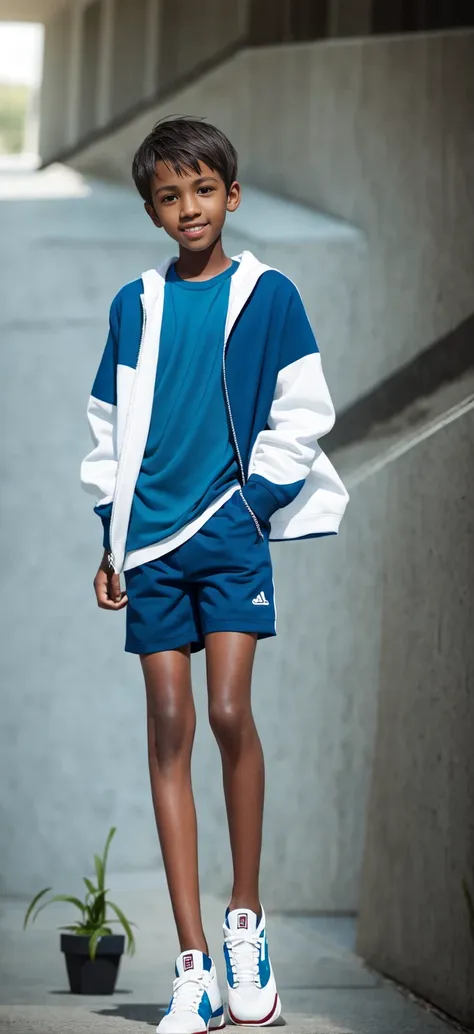 14 year old boy，（wearing white tennis clothes，wearing green socks），dark skin，big round eyes，very short hair，tall and skinny，toot...