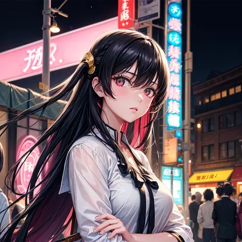 (Backlight,Umbilical cord:1.1,Black Hair),Beautiful girls in school uniforms on the busy streets of Gintama, There are vendors all around, Beautiful portrait of a stunning goddess girl, Beautiful and delicate face, Porcelain skin, Half-length photo, Center...