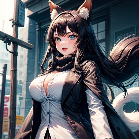 1 Girl, Animal ears绒毛, Animal ears, Aqua eyes, Bangs, black coat, breast, Buttons, coat, Cross your arms, Fox ears, Fox Girl, high resolution, large breast, Long hair, Looking at the audience, open mouth, Partially unraveled,  road, scarf, shirt, Short eye...