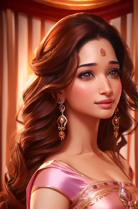 A stunning hyper realistic character portrait of a beautiful tamannah bhatia, expressive hyper detailed eyes, full hyper detailed lips, wavy brown hair, square face, incomprehensible beauty, wearing a satin night dress, sensual allure