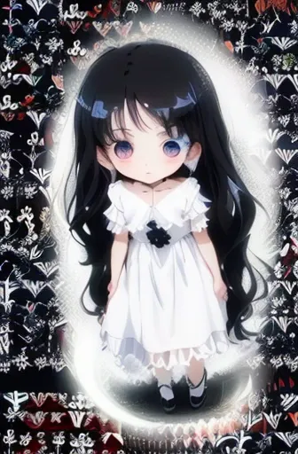 a close up of a cartoon girl with long black hair, pale young ghost girl, with haunted eyes and dark hair, gothic maiden anime girl, inspired by Ayako Rokkaku, chibi, inspired by Yuki Ogura, chibi girl, chibi anime girl, black hair and large eyes, anime ch...