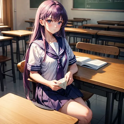 A man in a sailor suit、An 18-year-old young woman with long purple hair sits in a classroom (School 1.5 In the background) (Serious expression, Cold 1.5) (best quality: 1.1) (masterpiece: 1.3) with an unparalleled masterpiece, Surreal 8K, Perfect work of a...