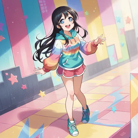 a girl, cute colorful outfit, clothes, black hair, blue eyes, happy, sparking, standing, long hair, full body