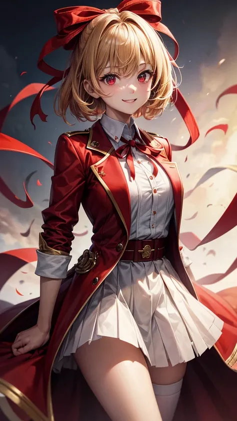 high quality, best quality, masterpiece, absurdres, red_jacket, ribbon, red_eyes, blond_hair, short_hair, hair_ribbon, smile, 1girl, torn clothes, cloth pieces,  