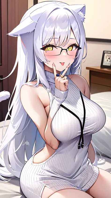 A 20-year-old female angel with long hair, white hair, yellow eyes, cat ears, cat tail, and white angel wings. A glowing yellow halo ring overhead. Wear round glasses (White halter turtleneck sweater, white purekiller sweater, sleeveless, sexy backless swe...