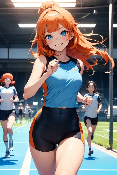 ((1 girl)), Latest trends in clothing, cheerful grin, animated expressions, sports clothes, shorts, blackstockings, running on the physical education field ((very detailled, highest quallity, high resolution, 8 k wallpaper, cute clothes,)),(hair orange, sh...