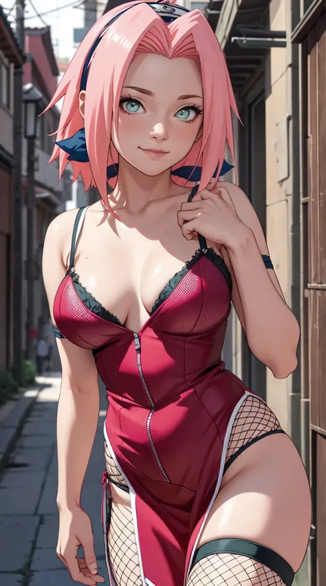 tmasterpiece， Best quality at best， 1girll， Sakura Haruno， Large breasts，upperbody closeup)，Raised sexy，is shy，ssmile，with pink hair， Green eyeballs:1.4)， Forehead protection， alley, prostitute, slutty, slutty clothes, fishnet, see-through, zipper panties,...