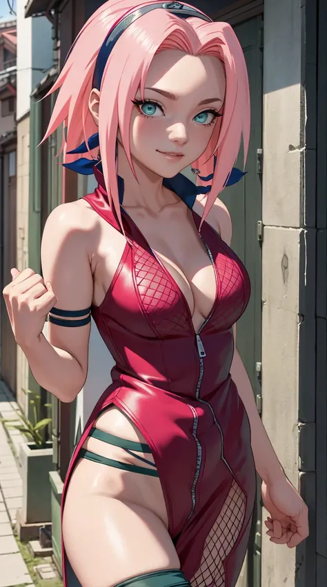 tmasterpiece， Best quality at best， 1girll， Sakura Haruno， Large breasts，upperbody closeup)，Raised sexy，is shy，ssmile，with pink hair， Green eyeballs:1.4)， Forehead protection， alley, prostitute, slutty, slutty clothes, fishnet, see-through, zipper panties,...