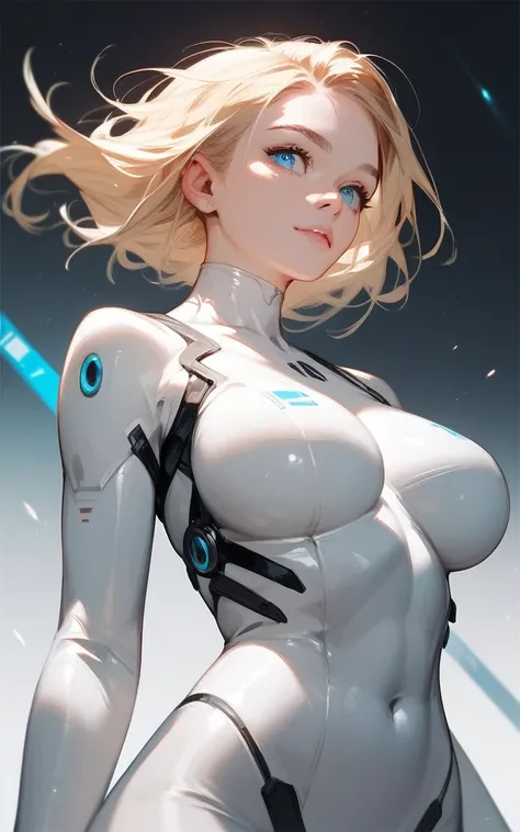 girl, white bodysuit, blonde, blue eyes, Hyper Realistic