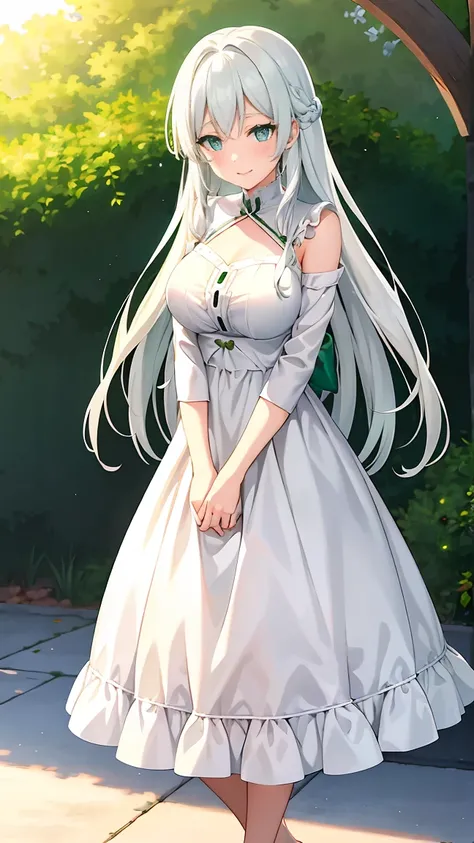 Girl with long green hair,Inner color and white hair、 Beautifully shaped breasts with tension, Green Eyes, White Casual Wear Beauty Special、,Full body photo from head to toe、Proud expression、Older sister、Bold personality、Innocent、Emotionally rich facial ex...