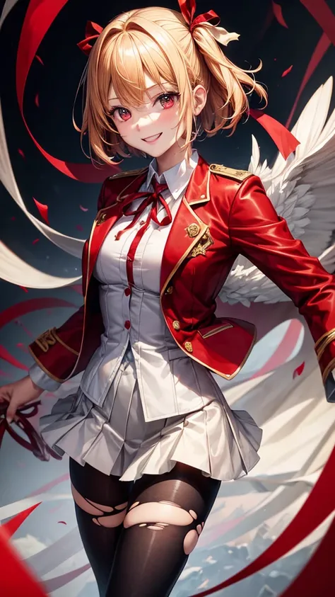 high quality, best quality, masterpiece, absurdres, red_jacket, ribbon, red_eyes, blond_hair, short_hair, hair_ribbon, smile, 1girl, torn clothes, cloth pieces,  