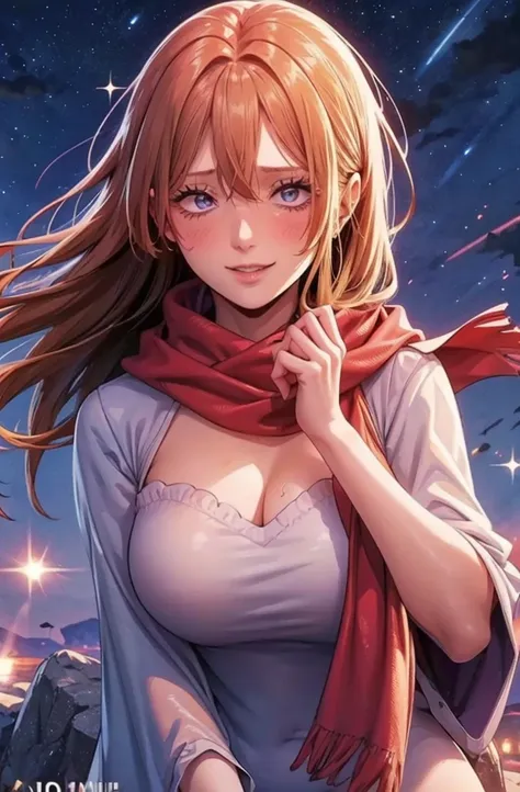 1girl, ahoge, bangs, blonde hair, blowing kiss, blue eyes, blue scarf, brown scarf, cleavage, closed mouth, eyelashes, face, floating hair, hair between eyes, heart, lips, lipstick, long hair, looking at viewer, makeup, night sky, nose, one eye closed, ora...