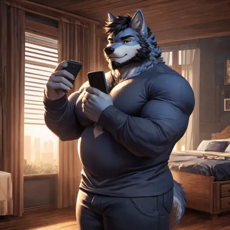 ((best quality)), ((masterpiece)), (Ultra detailed), ((4k)) , Solo , Anthro Wolf , Light Blue Fur , Black Short Hair , Short Beard , Handsone , Middle Ages , Big Pecs chest , Fat Body , Long sleeve Shirt , Black Shirt , Cool Pose , Playing Phone Game , Bed...