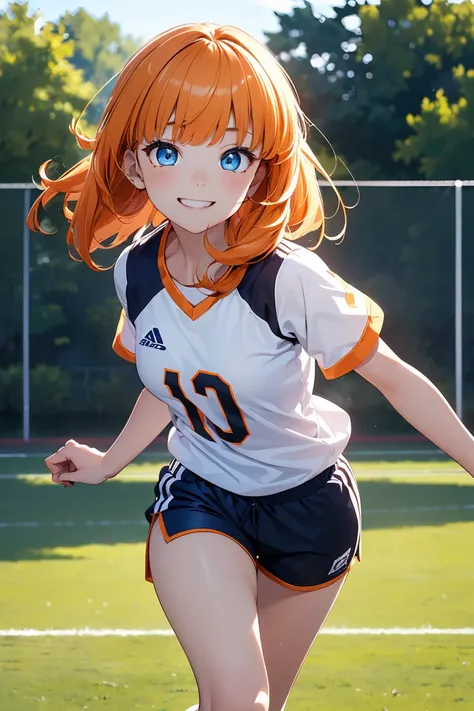 ((1 girl)), Latest trends in clothing, cheerful grin, animated expressions, sports clothes, shorts, blackstockings, running on the physical education field ((very detailled, highest quallity, high resolution, 8 k wallpaper, cute clothes,)),(hair orange, sh...