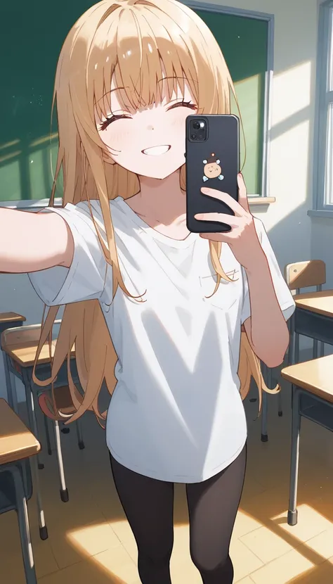 masterpiece,Ultra HD,score_4_onBREAK source_anime,可愛いanimeイラスト, masterpiece,high resolution,smile,alone,mahirushiina,One girl,Blonde,Long Hair,Mouth closed,Selfie pose,Show your underwear,White shirt,black tights,School,classroom,nsfw,