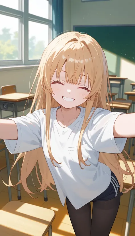 masterpiece,Ultra HD,score_4_onBREAK source_anime,可愛いanimeイラスト, masterpiece,high resolution,smile,alone,mahirushiina,One girl,Blonde,Long Hair,Mouth closed,Selfie pose,Show your underwear,White shirt,black tights,School,classroom,nsfw,