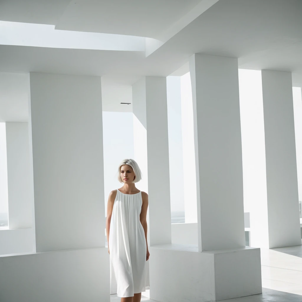  short white hair women the background of a minimalist beautiful white architecture 