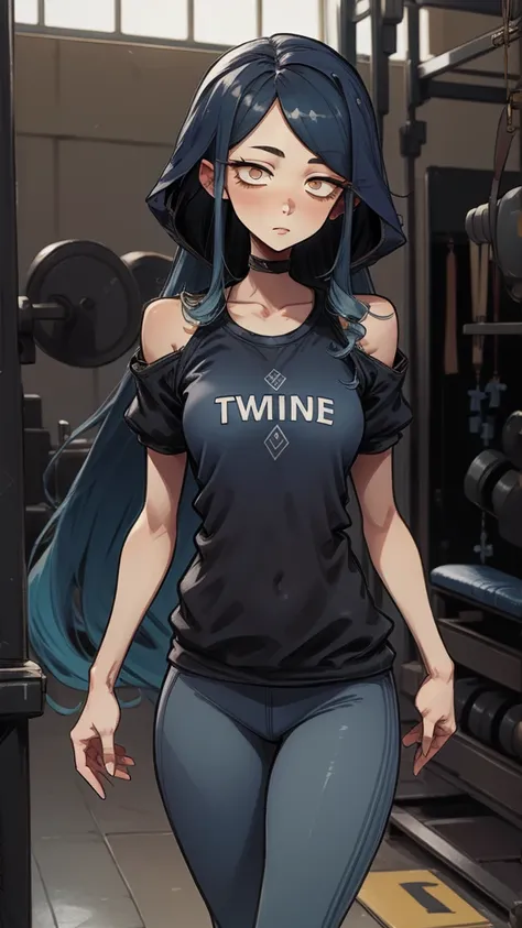 leila, bright eyes, blue hair, whole body, in gym, in leggings and a sports top