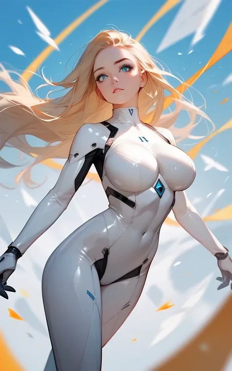 girl, white bodysuit, blonde, blue eyes, Hyper Realistic