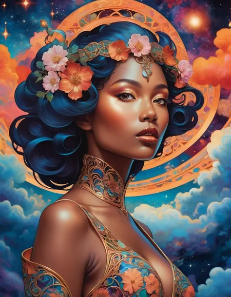 A seductive woman with otherworldly features, set against a backdrop of swirling cosmic clouds. Inspired by Art Nouveau, its shape is adorned with intricate floral motifs, while its eyes present a touch of danger and allure.