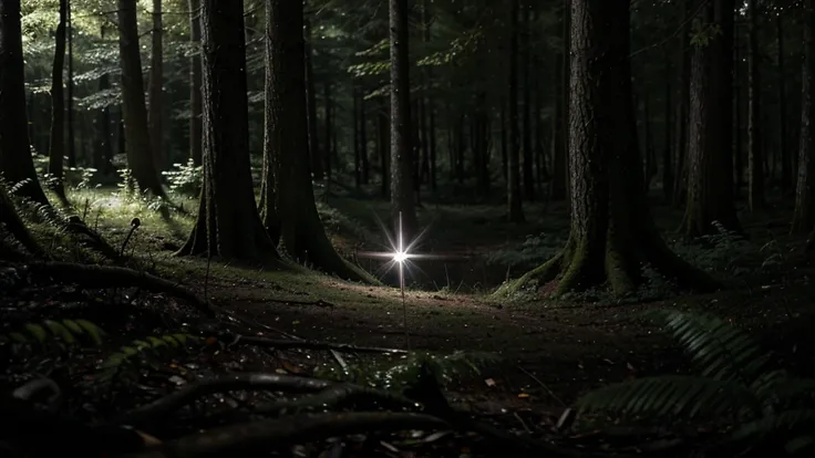 A close-up of a flashlight beam cutting through the darkness of the forest, revealing twisted tree trunks and undergrowth.