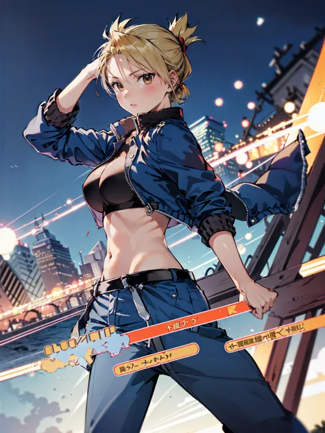 masterpiece, Highest quality, High resolution, One girl, ((Riza Hawkeye, Blue jacketの下にBlack innerwearシャツを着ている)), Folded ponytail, Brown eyes, , (uniform, Blue jacket, Blue pants), ,Big Breasts, Black innerwear
