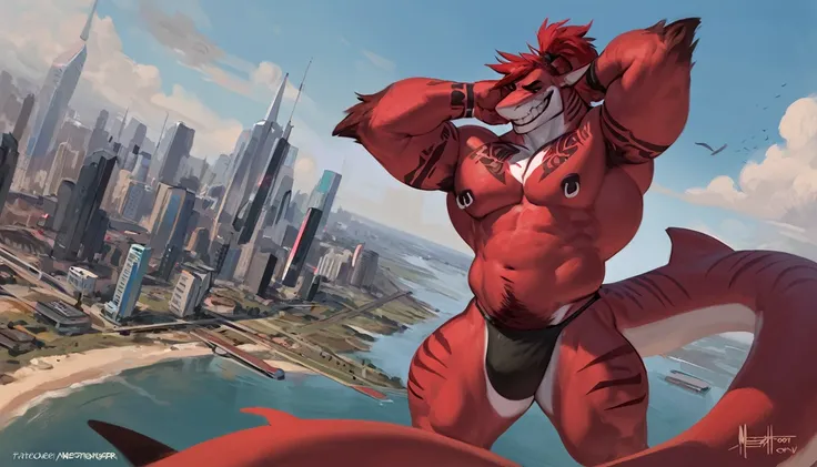 bright red colored bara shark, white countershade, red skin, large plump hairy pecs, strong physique, tribal tattoos, scarlet samurai hair in ponytail, cyan colored eyes, black sclera, very muscular, perfect anatomy, scars on body,nipple piercings, solo, m...