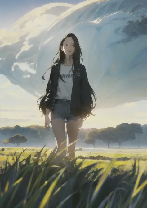 (Vast sky, beautiful skyline, large grassland: 1.2+ intense and dramatic graphics, moving visuals: 1.3+ hanging North Star, colorful natural light: 1.3), (long-sleeved top, (1girl), denim shorts, backpack: 0.8), (back, dynamic), (detailed character modelin...