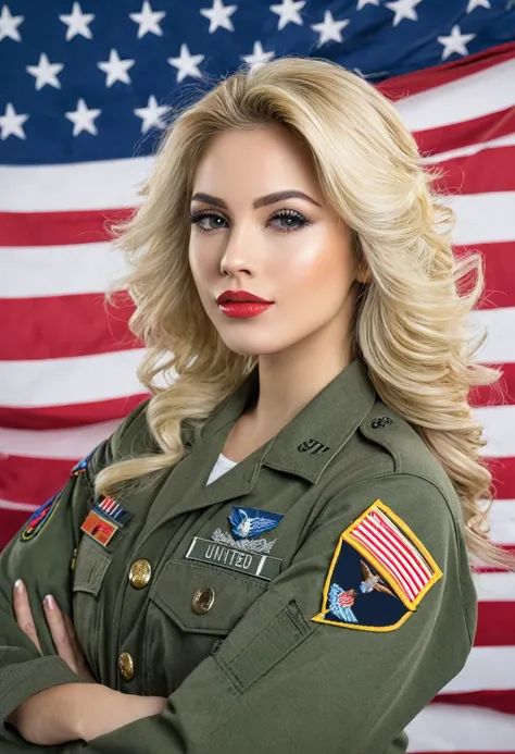 A beauty woman with blonde hair and a United States military clothes