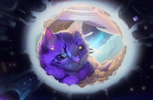 purple cat with black eyes and a purple nose sitting in a hole, cat from the void, purple cat, kittens in outer space, microscopic cat, cat in space, kawaii cat, space cat, world boss kitten, anime cat, cute digital art, giant cat monster, cute artwork, !!...