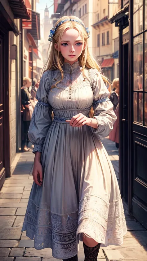 best quality, masterpiece, realistic photo, intricate details, raw photo, ultra detailed, old fashioned young woman, with peasant style dress, no necklines, blonde hair, perfect detailed and blue eyes, walking in an old city, HD quality, 8K, young woman, 2...