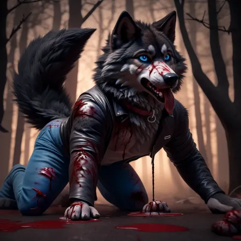 On all fours, Male, 30 years old, cute, eyeliner, mouth open with tongue hanging out, black leather jacket, anthro, wolf ears, (black fur:1.5), wolf, forest background, 8k, hi res, (best quality, masterpiece), (wolf tail:1.5), detailed fur, solo, collar, b...